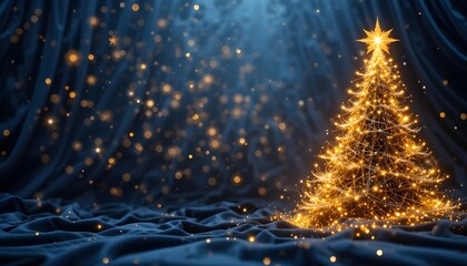 Elegant Christmas tree formed by golden light particles on a dark blue velvet background — luxurious festive design for holiday cards, winter decor, and digital visuals

