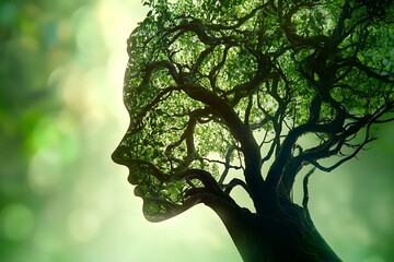 Nature-inspired artwork depicting a human face formed by trees and leaves forest setting digital art surreal concept