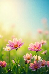 Obraz premium Serene Pastel Flowers in Sun-Drenched Meadow Gentle Breeze, Vibrant Colors, Springtime Joy