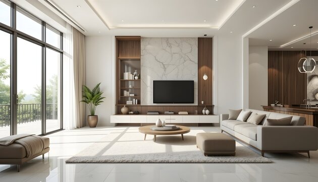 3D animation of a luxurious modern living room interior &mdash; showcasing elegant furniture, ambient lighting, and sophisticated design in a high-end contemporary house

