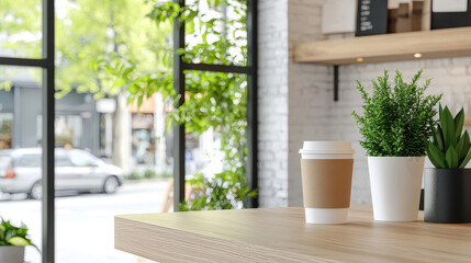 Cozy cafe scene featuring paper coffee cup and potted plants on wooden table, with vibrant neighborhood view outside