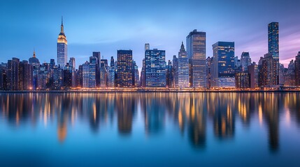 Fototapeta premium Captivating night skyline photography of new york city urban landscape cityscape reflection serene atmosphere
