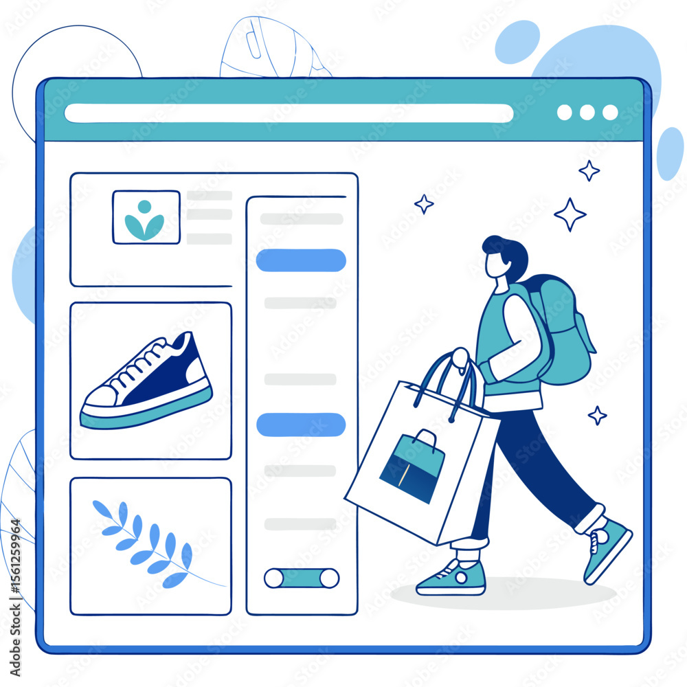 Poster man with backpack and shopping bag browsing online store on computer screen with product display int