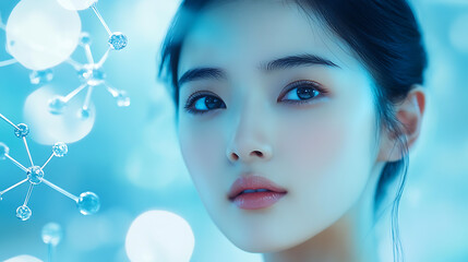 Futuristic Glass and Water Molecular Designs: A Conceptual Exploration of Advanced Skincare and Cosmetic Innovation, Blending Organic Patterns, Bioluminescence, and Minimalist 3D Aesthetics