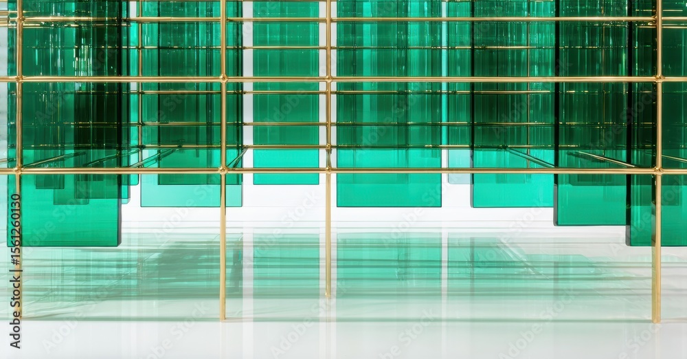 Poster minimalist installation features repeating glass cubes, brass framework. reflective surfaces create 