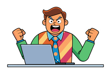 Frustrated cartoon businessman shouting and shaking fists in anger while working on a laptop at his desk