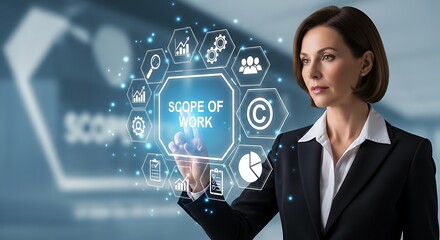 Businesswoman interacts with a holographic display of "Scope of Work" project management concept.