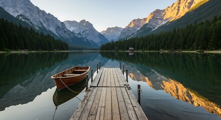 Tranquil Lake with Wooden Dock and Boat Reflecting Mountain View at Sunrise