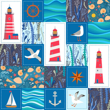 Nautical seamless patchwork pattern with cute cartoon seagulls, yachts, fish, lighthouses, seaweed, sea shells, waves, anchors, compass, starfish. Beautiful print for fabric.