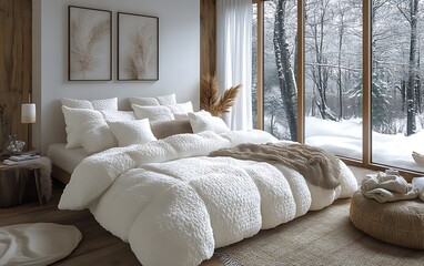 Cozy Modern Bedroom Interior with Window View of Serene Snowy Forest, Offering Peaceful and Inviting Winter Retreat.