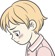 Sad blonde boy in pink shirt looking down with quiet emotion showing delicate vulnerability and inner sadness