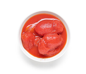 Bowl of canned tomatoes isolated on white background