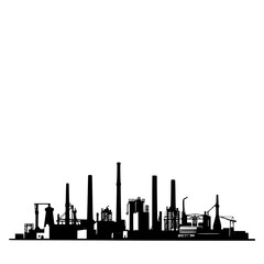 Obraz premium Industrial Skyline: A stark black and white vector illustration depicting a detailed industrial cityscape silhouette against a white background, showcasing factory structures, smokestacks, and cranes.