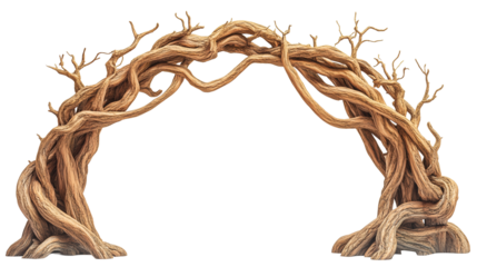 Intricate archway crafted from branches and twisting roots creates natural, artistic structure., isolated