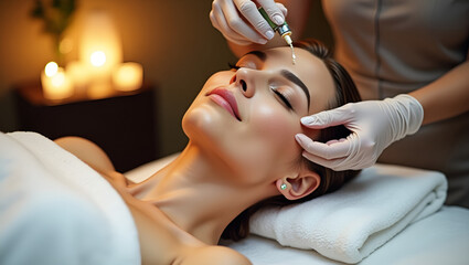 Mature Woman Enjoying a Relaxing Facial Massage at Spa – Peaceful Skincare Treatment Scene with Calm Atmosphere and Professional Therapist
