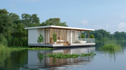 Obraz premium A modern, minimalist lake house with expansive glass walls, seamlessly blends indoor and outdoor living, providing a tranquil and inviting retreat.