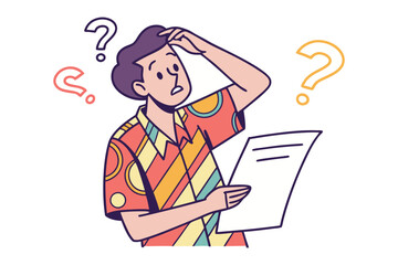 Confused person scratching head while reading a document surrounded by question marks illustrating uncertainty and bewilderment