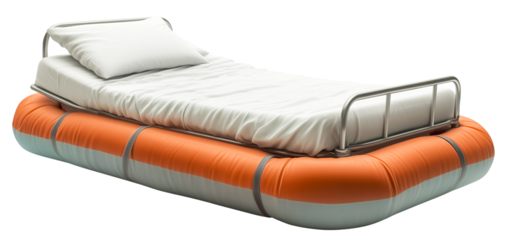 Hospital bed rests on orange lifebuoy, symbolizing safety and care., isolated