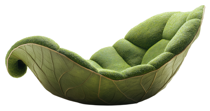 Lounge chair shaped like curled leaf with green, textured surface, resembling natural foliage., isolated