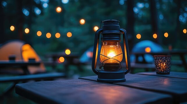 Camping lanterns styled in evening tents, on picnic tables, or as product visuals with other camping essentials representing outdoor adventure, survival prep, and nature lighting
