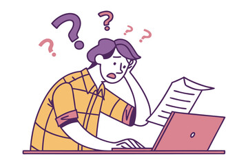 Confused person with question marks above their head struggling with paperwork and a laptop symbolizing confusion and stress
