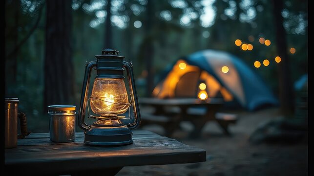 Camping lanterns styled in evening tents, on picnic tables, or as product visuals with other camping essentials representing outdoor adventure, survival prep, and nature lighting - Powered by Adobe