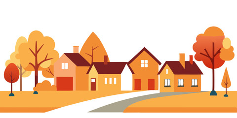 Modern Autumn Neighborhood Scene with Fall Trees Illustration