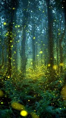 Enchanting forest at night filled with glowing fireflies and magical light beams