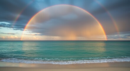 Coastal spectacle of double rainbow arcing over turquoise ocean and sandy beach