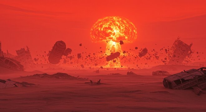 Dramatic atomic explosion scene with mushroom cloud and desolate landscape after nuclear war