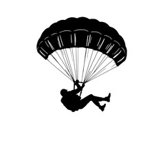 Skydiver Silhouette: A bold black and white illustration of a skydiver descending under a parachute, showcasing a dynamic action pose against a white background.