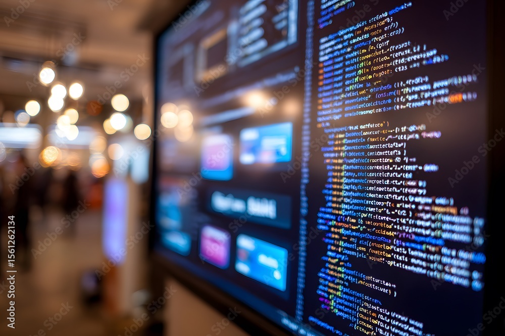 Fototapete close-up of an interactive screen displaying code in the foreground, with blurred-out digital market