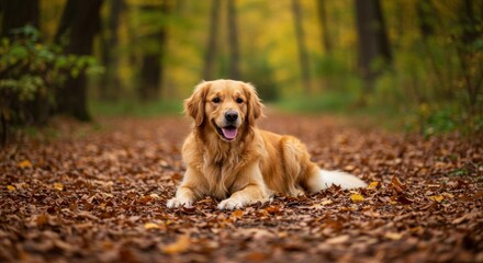 Golden retriever dog resting peacefully among fallen autumn leaves in a serene forest setting