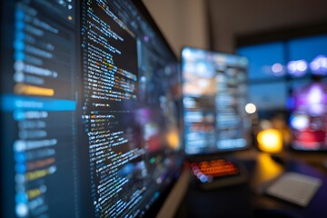 
Close-up of an interactive screen displaying code in the foreground, with blurred-out digital marketing tools and tech gadgets in the background