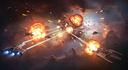 Intense space battle with spacecraft firing energy weapons amid fiery explosions and cosmic dust