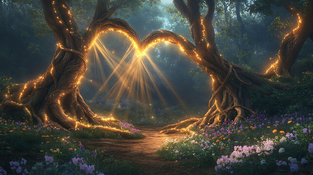 Forest heart clearing with massive glowing tree roots forming arches, soft pastel flowers blooming around, and beams of light dancing across the clearing
