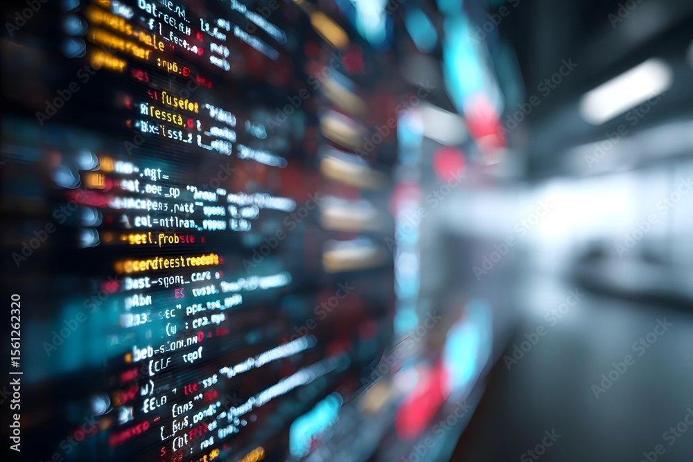 Fototapete close-up of an interactive screen displaying code in the foreground, with blurred-out digital market