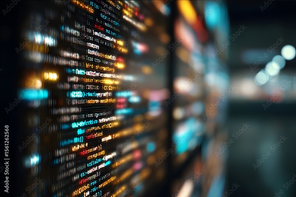 Fototapete close-up of an interactive screen displaying code in the foreground, with blurred-out digital market