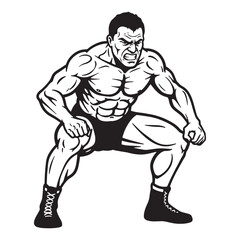 Fototapeta premium Powerful muscular wrestler with an aggressive expression in black and white illustration