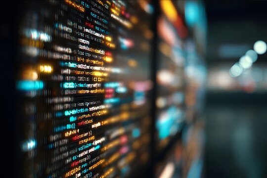 
Close-up of an interactive screen displaying code in the foreground, with blurred-out digital marketing tools and tech gadgets in the background