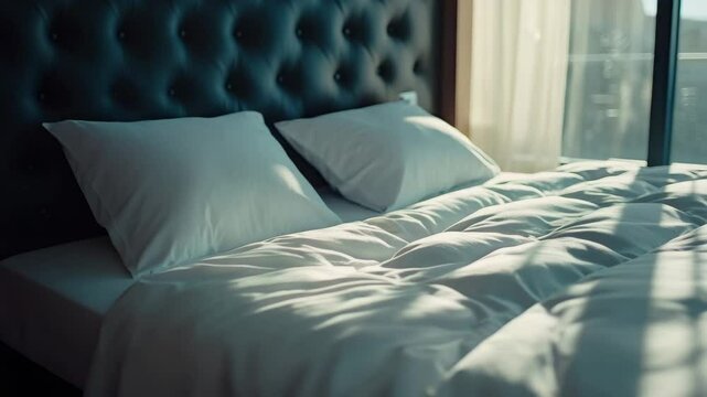 Cozy bed with soft white pillow and bedding, tufted headboard bathed in warm sunlight through window, creating peaceful comfort and inviting atmosphere for restful mornings and relaxation