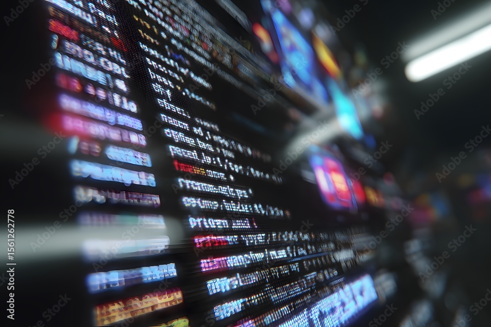 Fototapete close-up of an interactive screen displaying code in the foreground, with blurred-out digital market