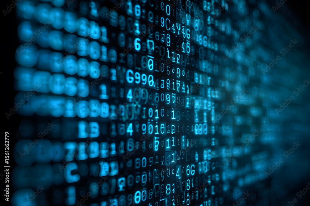Fototapete close-up of an interactive screen displaying code in the foreground, with blurred-out digital market