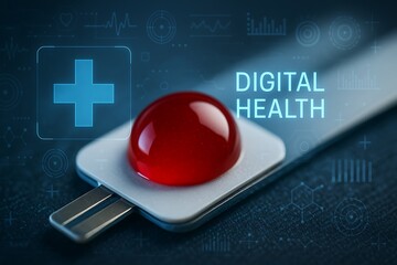 Macro photo of fresh blood droplet being analyzed on a biosensor pad, high resolution, digital health interface overlay