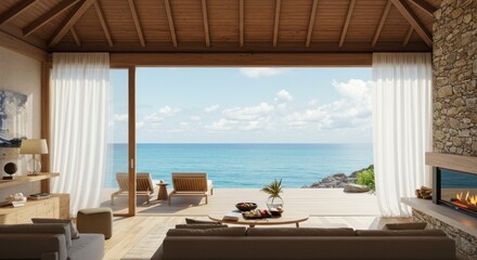 Obraz premium Serene oceanfront villa featuring stylish interiors and breathtaking panoramic sea views blending