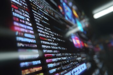 
Close-up of an interactive screen displaying code in the foreground, with blurred-out digital marketing tools and tech gadgets in the background