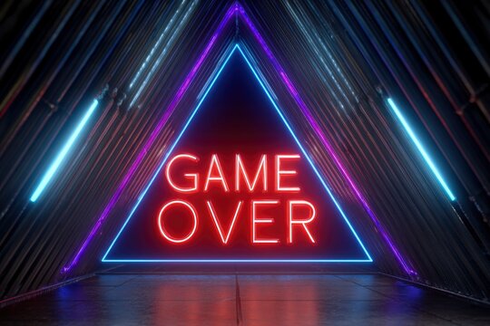 Illuminated GAME OVER inside a triangular neon frame within a metallic structure - Powered by Adobe