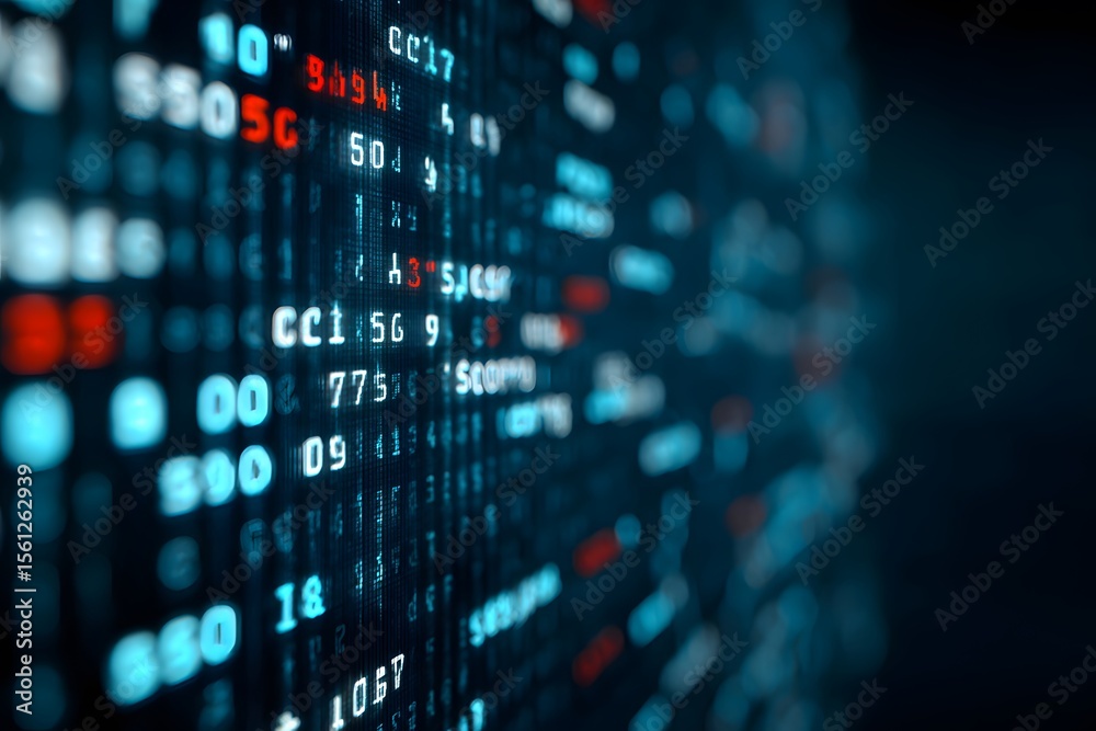Fototapete 
Close-up of an interactive screen displaying code in the foreground, with blurred-out digital marketing tools and tech gadgets in the background