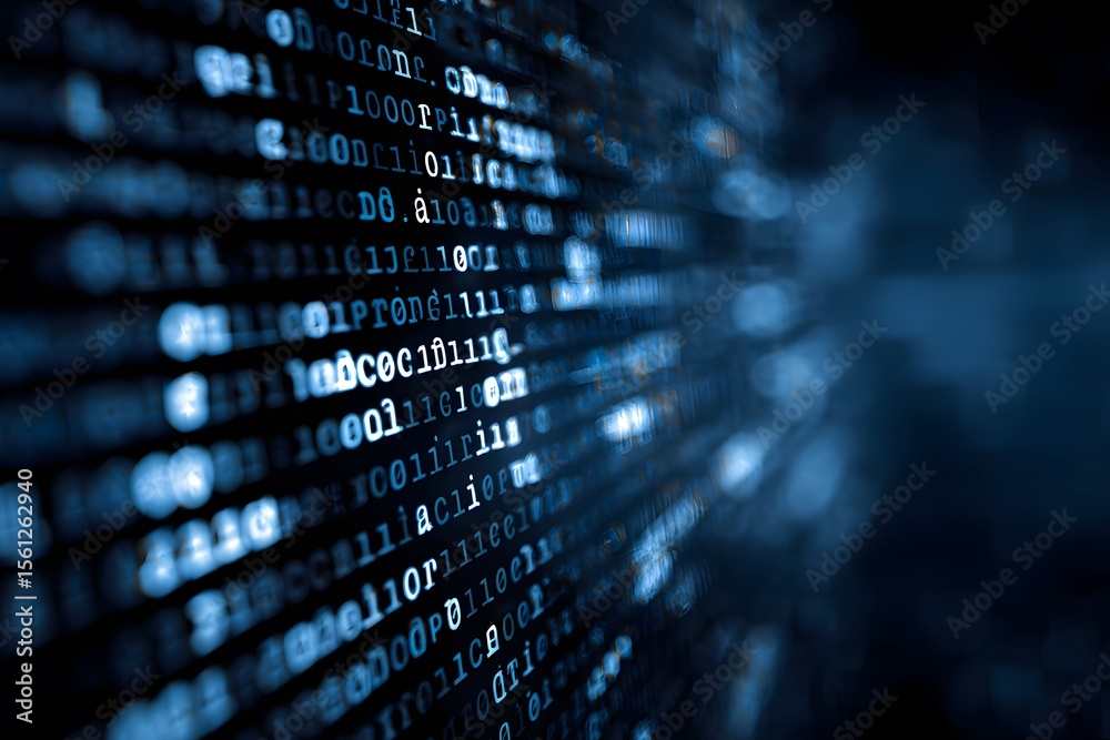 Fototapete close-up of an interactive screen displaying code in the foreground, with blurred-out digital market