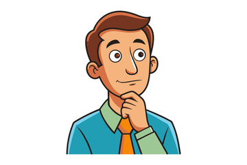 Cartoon man in a blue shirt and orange tie with his hand on his chin appearing thoughtful and curious isolated on a white background